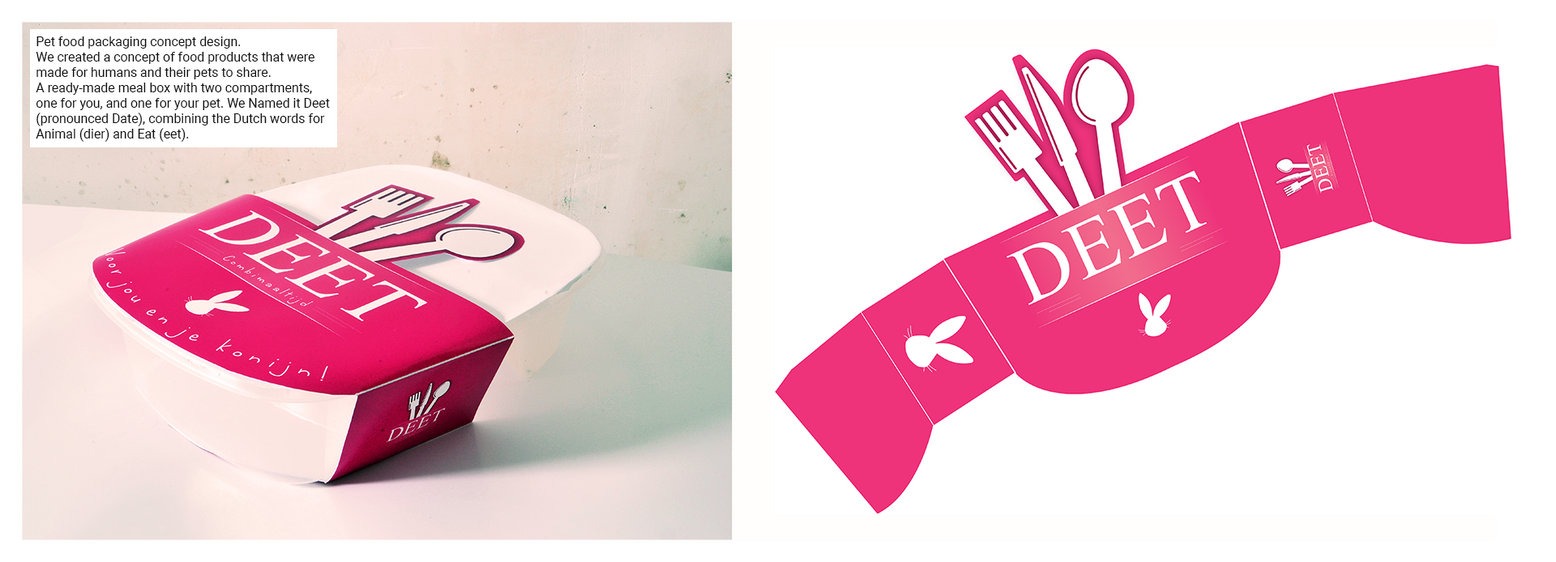 Pet Food packaging design. We created a concept of food products that were made for human and their pets to share. A ready-made meal box with two compartments, one for you, and one for your pet.